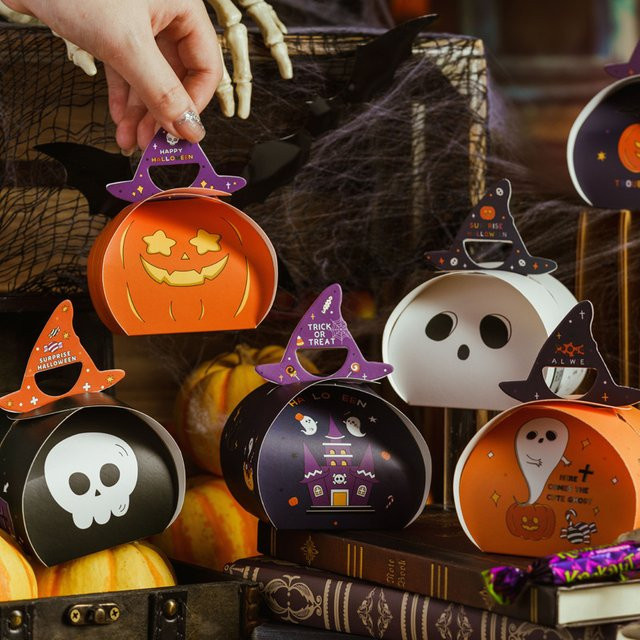 10 Stück Halloween Candy Box mit Cartoon Geist und Kürbis als leere Party Snack Verpackung aus Papier in Orange - Bild 1