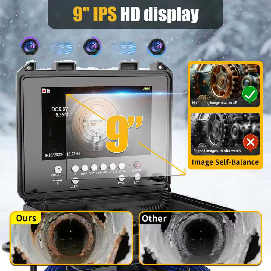 GAMWATER Kanalinspektionskamera mit 9-Zoll-IPS-Display, 1080P-Auflösung, Selbstnivellierung, 512-Hz-Ortungsgerät, 23-mm-Endoskopkamera, Meterzähler und 16 GB DVR in Schwarz - Bild 2