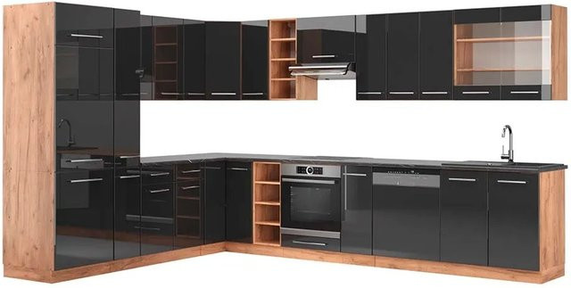 Vicco Fame-Line Eckküche Anthrazit Hochglanz und Goldkraft Eiche B: 347 cm, H: 257 cm - Bild 1