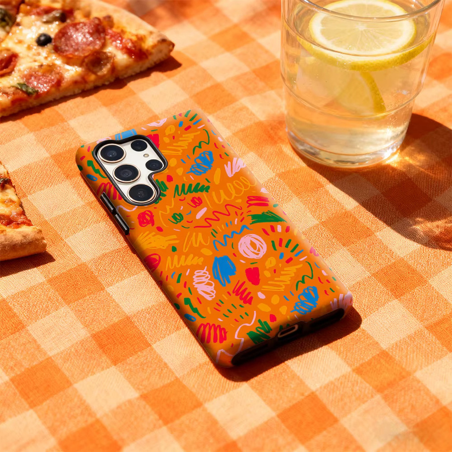 Glänzende Handyhülle mit orangefarbenem Kritzel-Design für Samsung Galaxy S25 Ultra, S24 und S23 Ultra Plus mit doppellagiger Rückseite - Bild 3