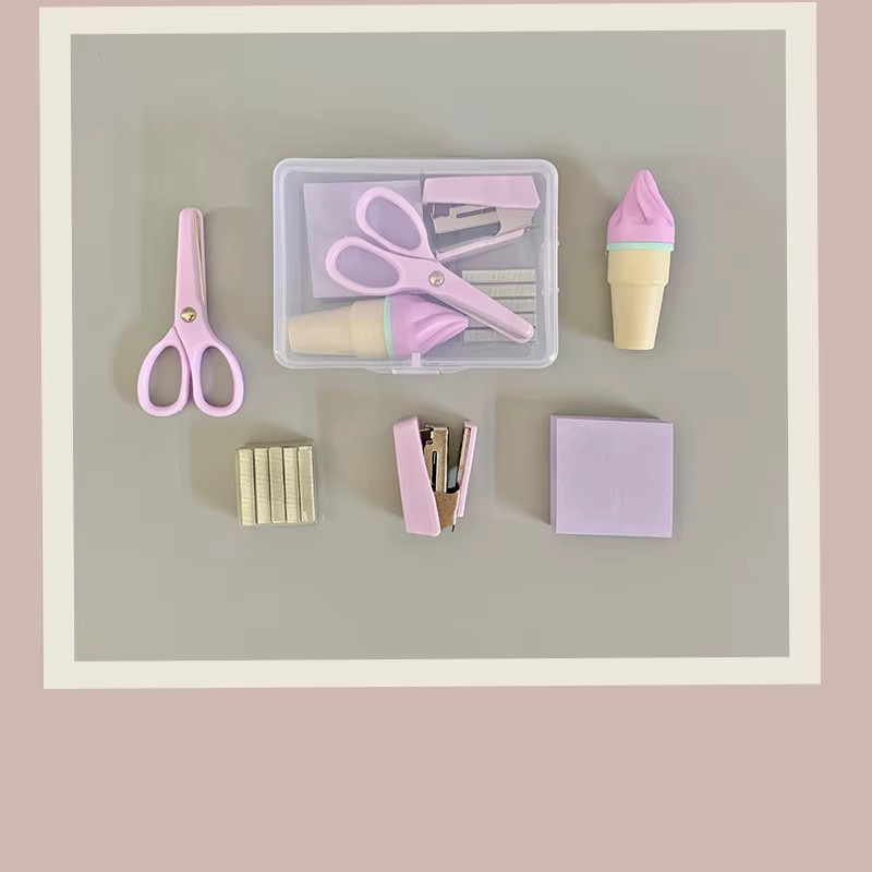 5-teiliges kreatives Schreibwaren-Set in Macaron-Farben mit Notizbüchern, Markern, Klebeband, Mini-Hefter und Heftklammern in Pink und Lila - Bild 1