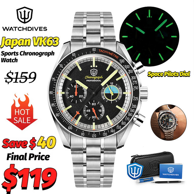 Watchdives Chronograph, Quarz, Edelstahl, Schwarz, Herren - Bild 1