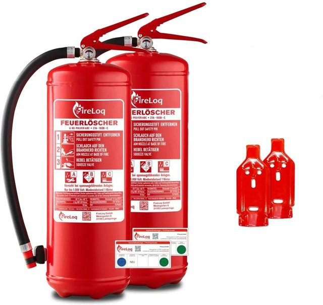 FireLoq Pulverlöscher Set in Rot, 2x 6kg, Brandklasse 27A 183B C, inklusive Wandhalter und Manometer - Bild 1