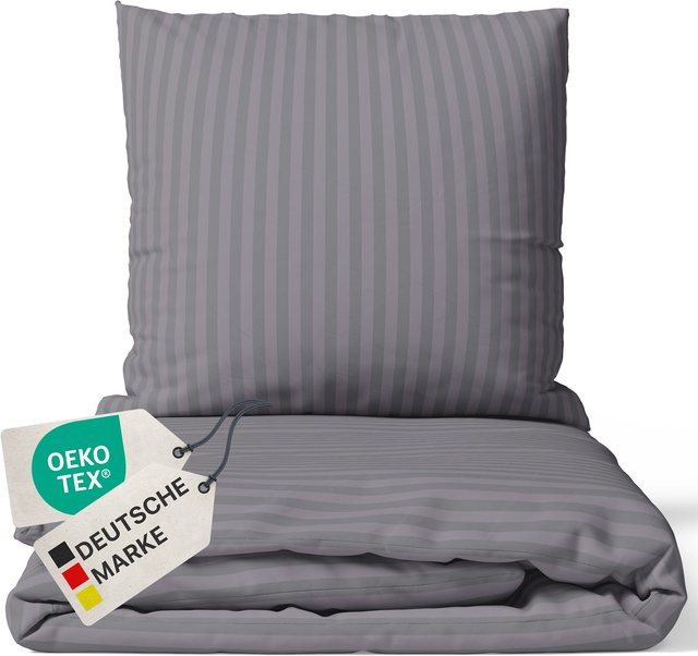 NYVI Bettwäsche Set DreamScience aus Mikrofaser in Grau mit Damast-Design, atmungsaktiv und weich, inklusive Reißverschluss, Bettbezug 200 x 200 cm und 2x Kopfkissen 80 x 80 cm - Bild 1