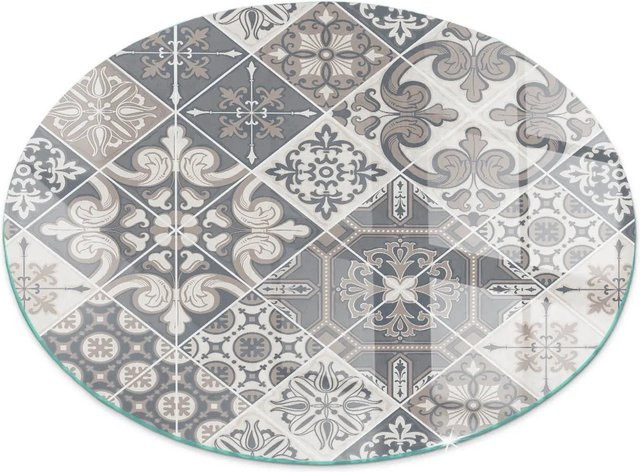 Tulup Glasplatte für Kamin mit dekorativem Mosaikmuster in Grau, Rund, Durchmesser: 70 cm - Bild 1