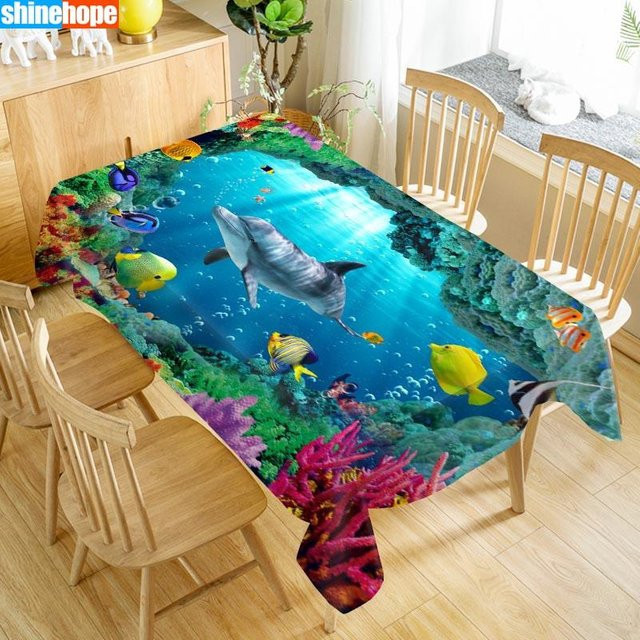 Waschbare Stoff-Tischdecke von shinehope mit 3D-Unterwasserwelt-Motiv in Blau, Rechteckig, B/T: 100 x 140 cm - Bild 1