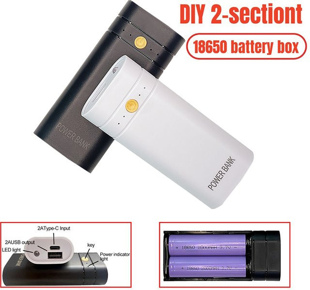 AILEHKUO DIY Powerbank-Kit für 2 Slots 18650 Batterien, Tragbares Schnellladegerät und Gehäuse in Schwarz - Bild 1