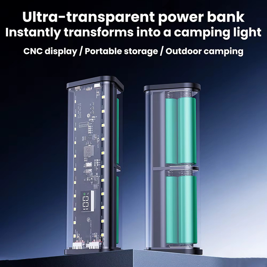 Aideepen DIY Powerbank Gehäuse für 6x 18650 Akkus, 22,5 W Schnellladefunktion, Transparent/Schwarz mit USB-C Port - Bild 2