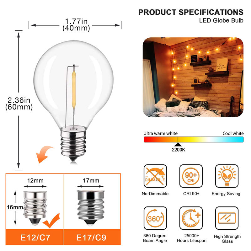 Grensk G40 LED Ersatzlampen für Solar-Lichterketten, E12-Schraubfassung, warmweiß, transparent, bruchsicherer Kunststoff, Globe-Form für RV Camper-Beleuchtung - Bild 3