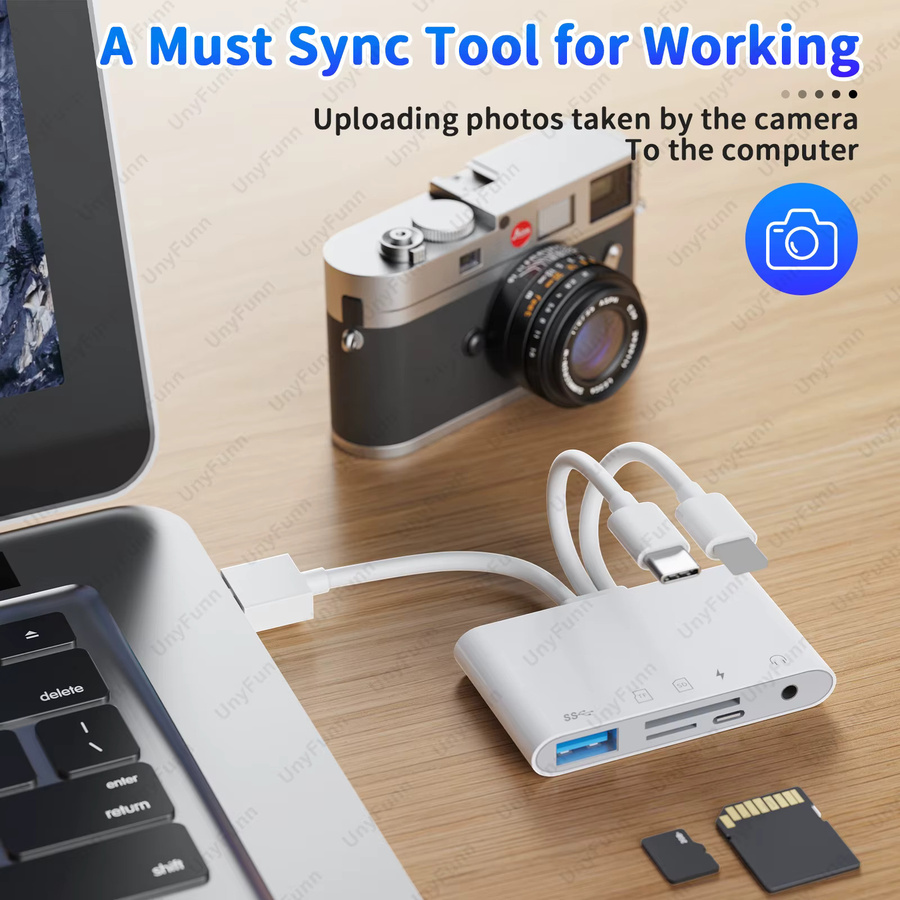 UnyFunn 8-in-1 Speicherkartenleser und USB-C Musik-Hub in Weiß mit USB-A, USB-C, 3,5 mm Klinke und TF/Micro SD/SDHC/SDXC/MMC Unterstützung für iPhone und iPad - Bild 3