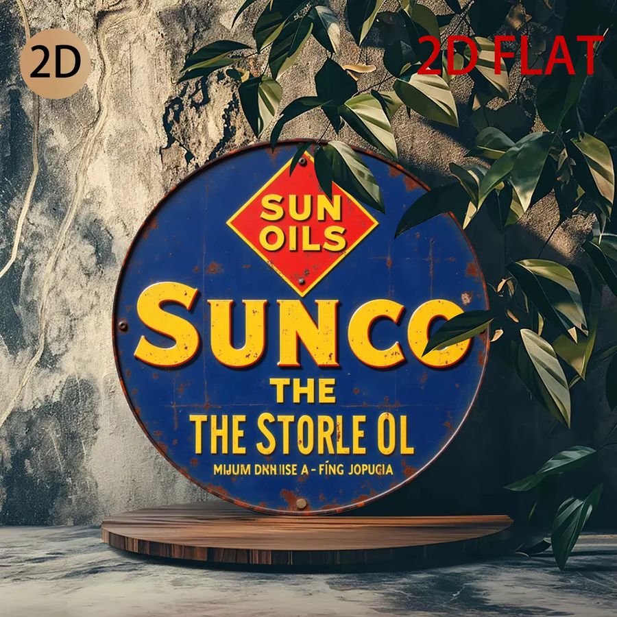 Potdemiel Blechschild Sunoco-Öl mit Flugzeug-Motiv, kreisförmige Wandkunst im Vintage-Look für Garage oder Café, Durchmesser: 20 cm - Bild 3