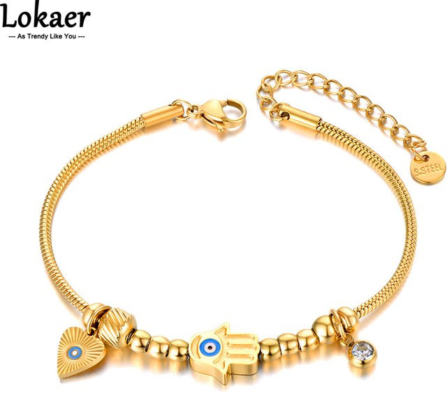 Lokaer Armband Edelstahl, Gold, Fatimas Hand Blue Eye Charm, Damen - Bild 1