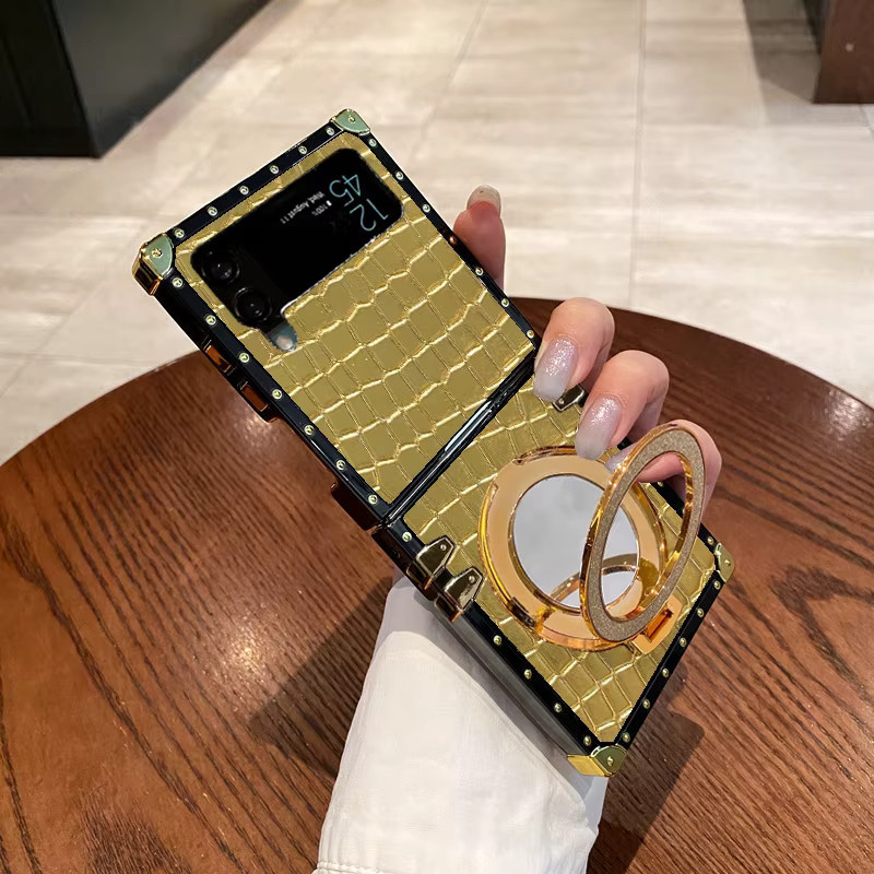 Luxus Handyhülle mit Krokodil-Textur und Glitzer-Spiegelhalter für Samsung Galaxy Z Flip 3 4 5 6 7 8 FE in Grün - Bild 3