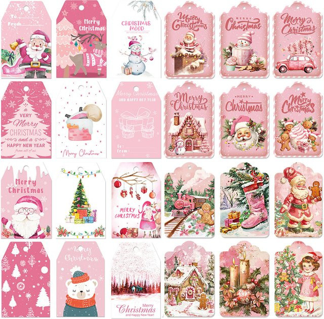 60 Stück joy-enlife Vintage Weihnachts Geschenkanhänger aus Papier in Rosa mit Santa Claus Motiv und Seil - Bild 1
