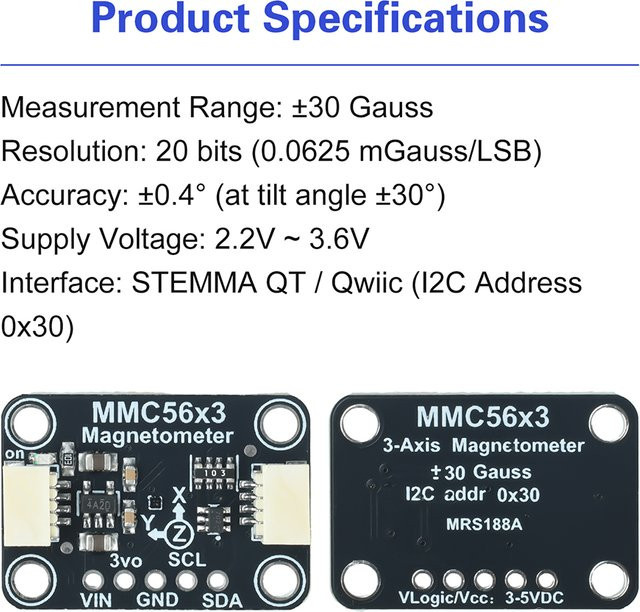 Aideepen MMC5603 Drei-Achsen-Magnetometer-Modul in Schwarz mit Stemma Qt/Qwiic Schnittstelle - Bild 1