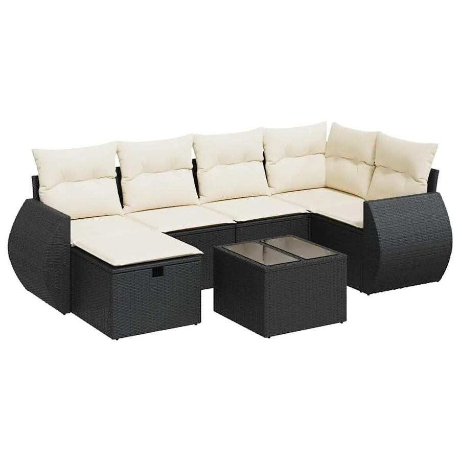 vidaXL 7-teilige Garten-Sofagarnitur in L-Form mit Kissen und Ottoman, Schwarz, Poly-Rattan und Metallrahmen - Bild 2