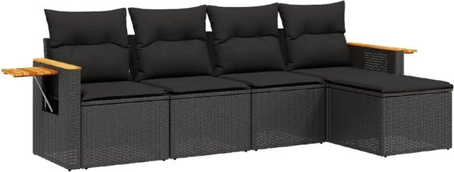 vidaXL 5-tlg Garten-Sofagarnitur aus Poly-Rattan und Akazienholz in Schwarz mit Kissen - Bild 1