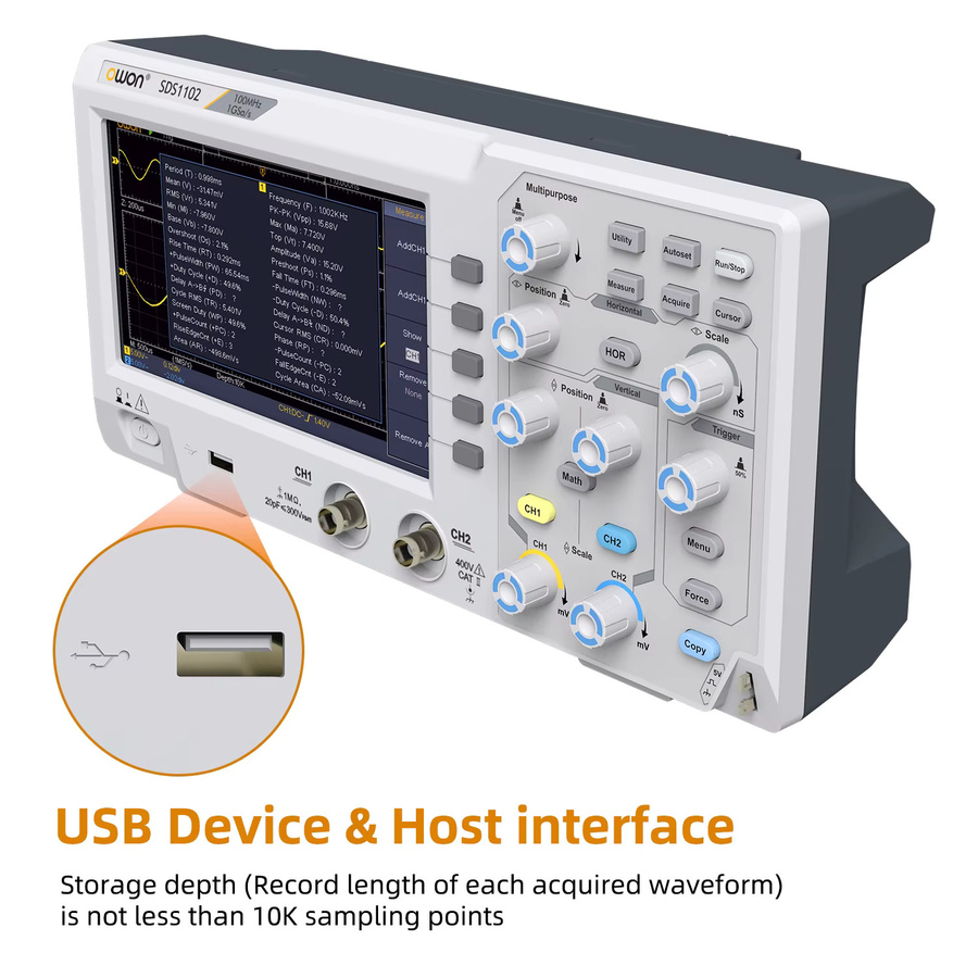 Owon SDS1102 Digitales Oszilloskop in Grau mit 100 MHz Bandbreite, 2 Kanälen und 1 GS/s Abtastrate sowie 7-Zoll-TFT-Display - Bild 5