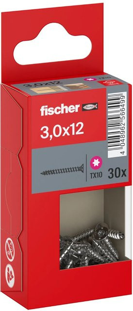 Fischer PowerFast II A2 Senkkopf TX Vollgewinde Schraube aus Edelstahl in Silber, Durchmesser: 3 mm, Länge: 12 mm, 30 Stück - Bild 1