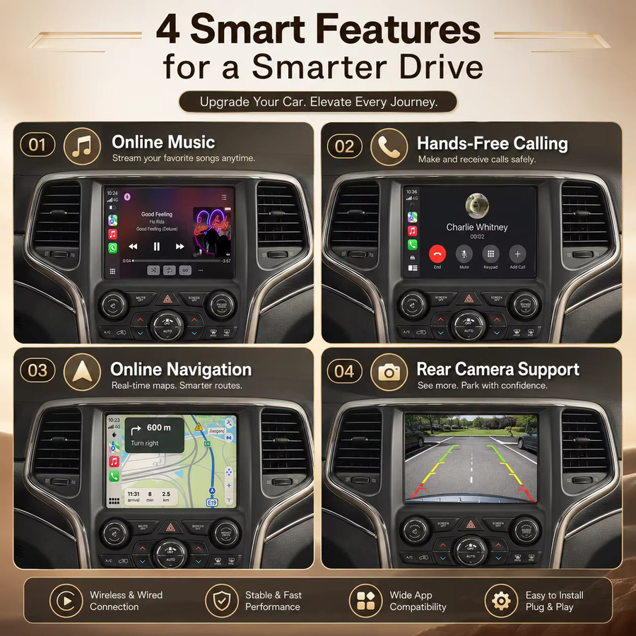 REEIIO Kabelloser CarPlay und Android Auto Decoder Box für Dodge Challenger, RAM, Chrysler 300C und Jeep Grand Cherokee 2013-2020, Schwarz, mit Airplay, Mirror Link und Bluetooth - Bild 3