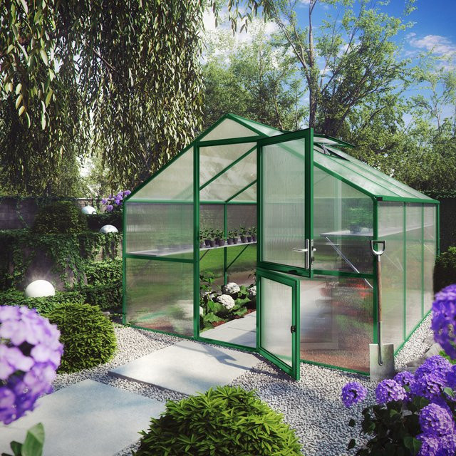 KGT Gewächshaus Orchidee III in Moosgrün mit 9,6 m² Fläche, Aluminiumrahmen und 10 mm Polycarbonat-Platten sowie Satteldach und geteilter Drehtür - Bild 1