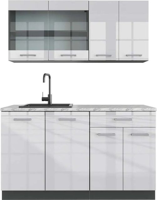 Vicco R-Line Singleküche Weiß Hochglanz und Anthrazit mit Marmor-Optik, Breite: 140 cm - Bild 1