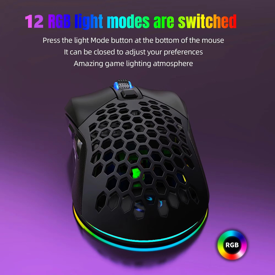 HXSJ RGB-Gaming-Maus mit 7200 CPI, USB-Anschluss, geflochtenem Kabel und austauschbarer Rückseite in Schwarz - Bild 3