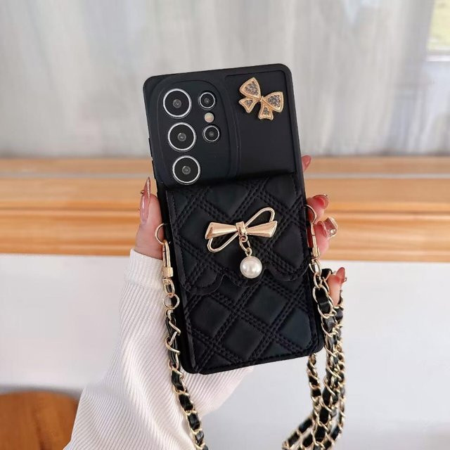 3D Bowknot Crossbody Kartenhalter Brieftasche Hülle für Samsung Galaxy S25 Ultra S24 S23 Plus A16 A26 A36 A56 A15 A25 A35 A55 und Xiaomi 14T Pro Redmi Note 14 13 Honor 200 in Schwarz - Bild 1