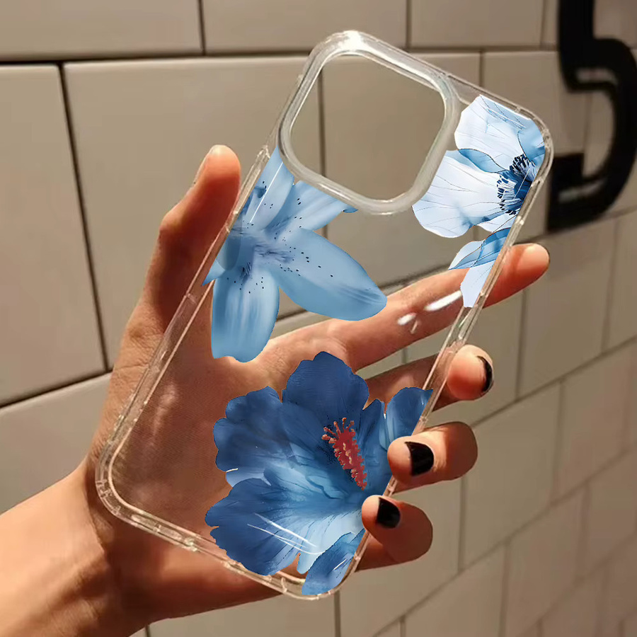 Transparente Silikon Handyhülle mit blauem Hibiskus-Blumenmuster für Apple iPhone 11 bis iPhone 17 Pro Max und weitere Modelle - Bild 3