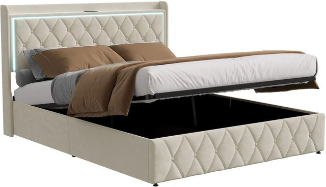 PXloue Polsterbett aus Samt mit LED, Stauraum und USB-Ladestation in Beige, B/T/H: 160 x 200 x 108,5 cm - Bild 1