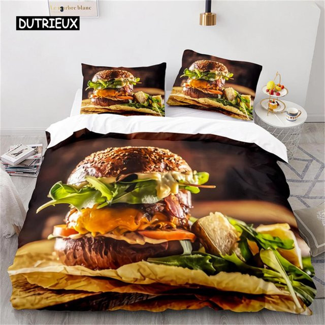 Bettwäsche Set Gourmet Essen mit Burger Hot Dog und Pommes Frites aus Mikrofaser, B/H: 135 x 200 cm, Mehrfarbig - Bild 1