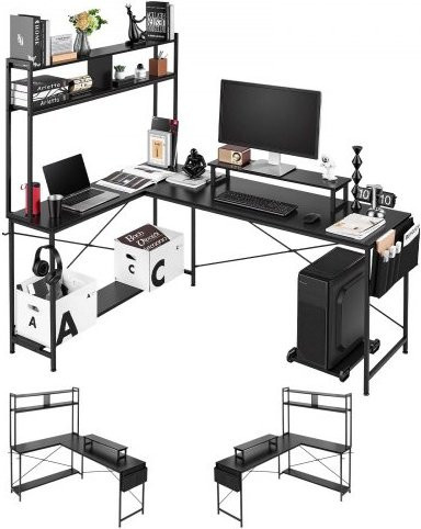 VEVOR Gaming Tisch in L-Form mit Monitorständer und verschiebbarem CPU-Ständer, Eckschreibtisch in Schwarz Matt, B/T/H: 170 x 120 x 75 cm - Bild 1