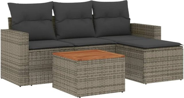 vidaXL 5-tlg Garten-Sofagarnitur aus Poly-Rattan und Akazienholz in Grau mit Kissen Modell 27 - Bild 1