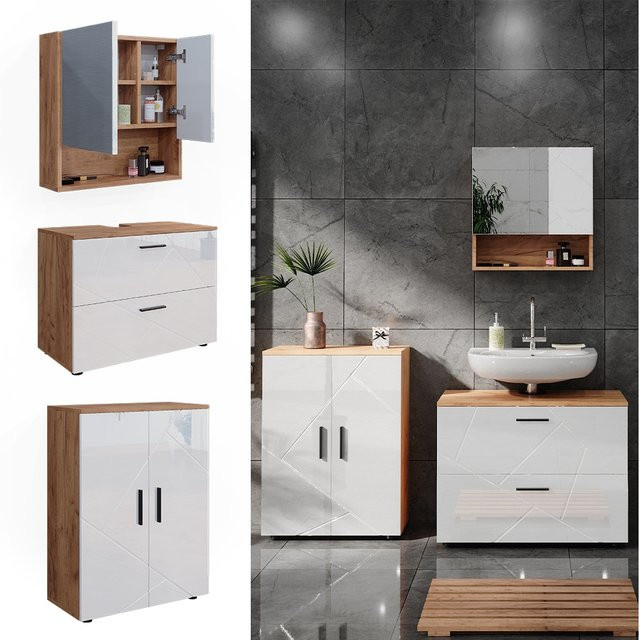 Vicco Badmöbelset Irma in Eiche und Weiß Hochglanz, 3-teiliges Badezimmer-Set mit Unterschrank Breite: 80 cm - Bild 1