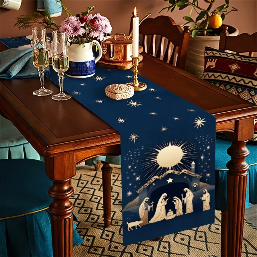 VIKAMA Farmhouse Tischläufer aus Leinen in Blau mit Sternen für Weihnachten und Thanksgiving, B/H: 90 x 33 cm - Bild 2