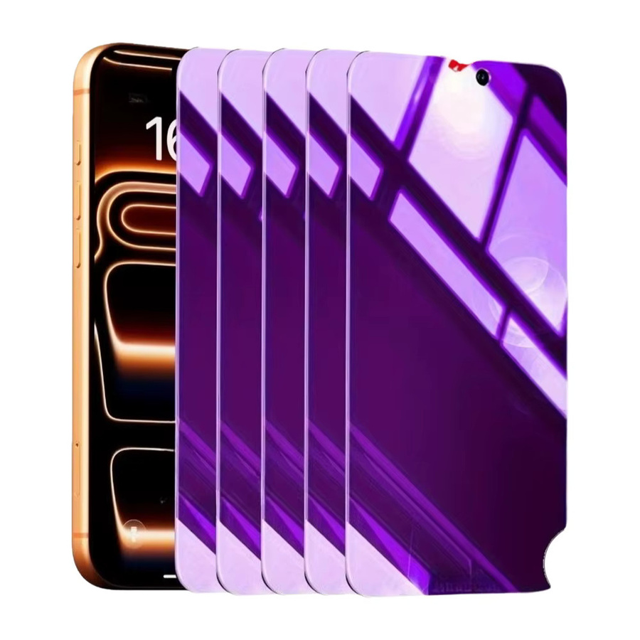 5 Stück Blaulicht-Displayschutzfolien aus gehärtetem Glas für iPhone 17 Pro/Pro Max/Air, 16, 15, 14, 13, 12, 11 in Transparent und Purple - Bild 6
