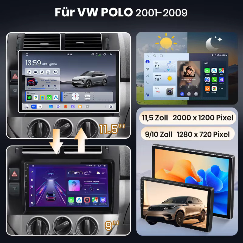 Junsun Android 15 Autoradio für VW Volkswagen Polo Mk4 2001-2011 mit 9 Zoll IPS-Bildschirm, kabelloses Apple CarPlay, Stereo-Multimedia-Videoplayer in Schwarz - Bild 2