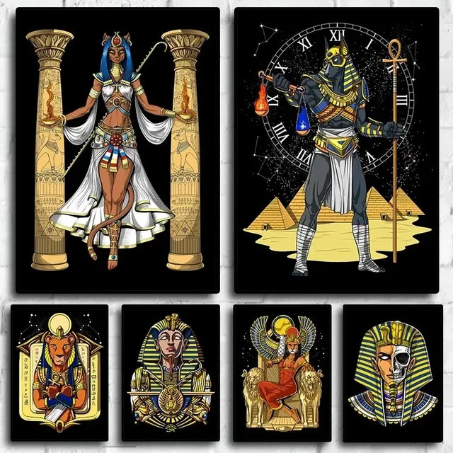 Potdemiel Wandkunst Ägyptische Mythologie Leinwandgemälde mit abstrakten Mustern und ethnischen Tierdarstellungen in Mehrfarbig - Bild 1