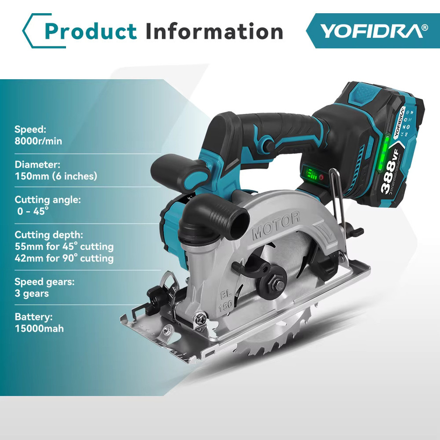 YOFIDRA Bürstenlose elektrische Handkreissäge für Holz und PVC-Rohre mit 55 mm Schnitttiefe, kompatibel mit Makita Akkus - Bild 2
