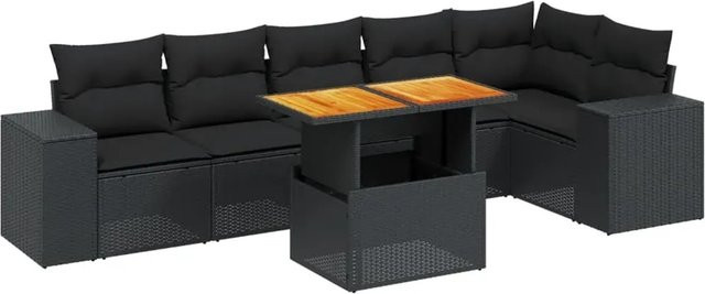 vidaXL 7-tlg. Garten-Sofagarnitur in L-Form aus schwarzem Poly-Rattan mit Kissen und Akazienholz - Bild 1