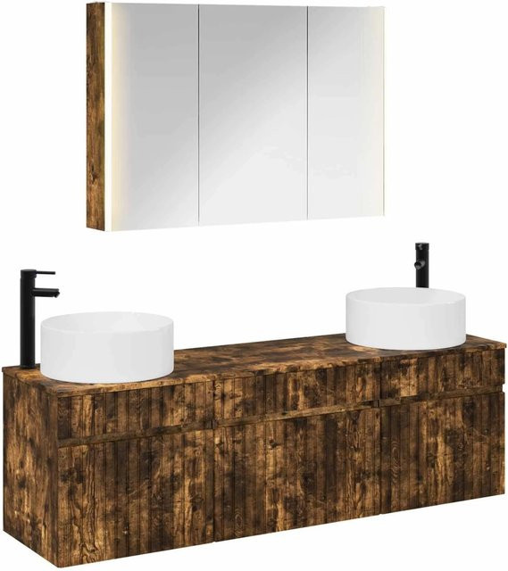 vidaXL Badezimmerschrank-Set 4-teilig aus geräuchertem Eichenholz in Braun mit LED-Beleuchtung und Spiegelschrank - Bild 1