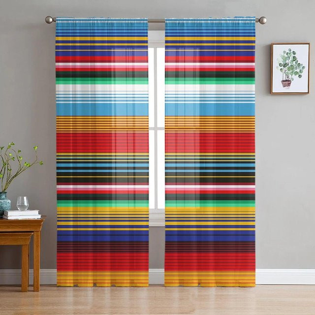 A Family Of Home Textiles Transparenter Tüllvorhang im Mexikanischen Streifen-Design, Rot/Mehrfarbig, B: 135 cm, H: 114 cm - Bild 1