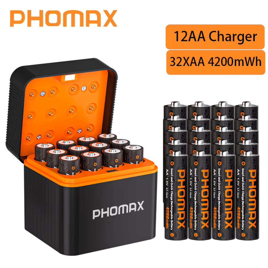 PHOMAX Wiederaufladbares Lithium-Batterie Set mit 12-Slot Smart-Schnellladegerät, 1,5V AA Batterien mit 4200mWh, Farbe: Schwarz - Bild 4