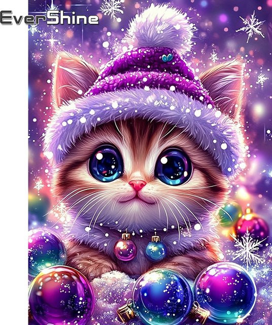 EverShine Diamant-Stickerei Katze mit quadratischen Bohrern in Multicolour, Motiv Schnee und Weihnachten, B/H: 30 x 30 cm - Bild 1