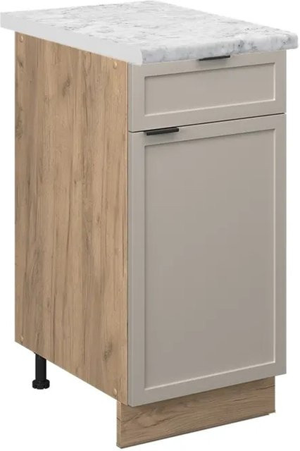 Vicco Küchenunterschrank Fame-Line Schubladenschrank in Grau-Beige mit Marmor-Arbeitsplatte und Eiche Korpus, Breite: 40 cm - Bild 1