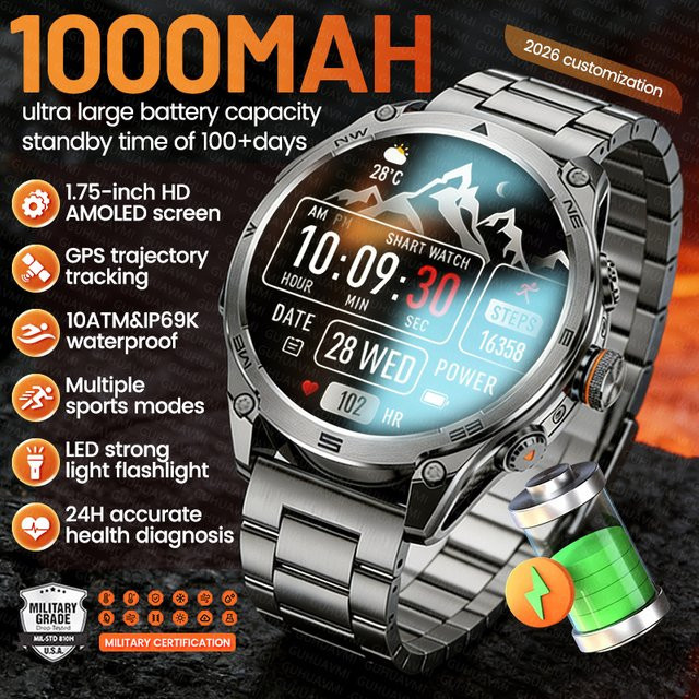 GUHUAVMI Smartwatch, Edelstahl, Schwarz, GPS, 10 ATM, Herren - Bild 1