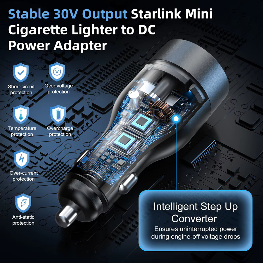 FONKEN 2-in-1 USB-Adapter für Starlink Mini, Autoladegerät für Zigarettenanzünder und Gleichstrom, Spannungserhöhungskabel 30V 2A, Schwarz - Bild 3