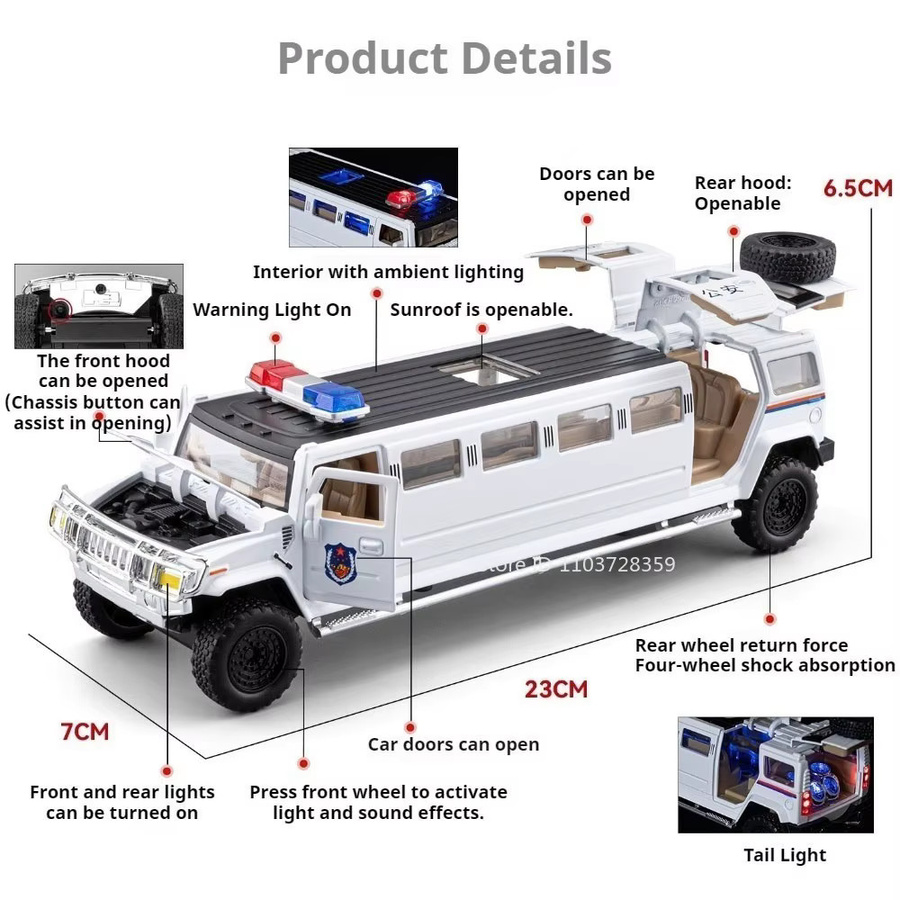 MAKEDA Polizei Geländewagen, Modellspielzeug, 1:32, Metall, mit Licht und Sound - Bild 2