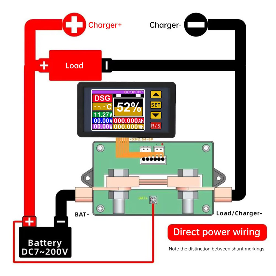 Aideepen Multifunktions-Voltmeter und Coulometer mit Shunt zur Messung von Spannung, Strom und Batteriekapazität DC7-200V, 0-500A mit 2,4 Zoll Ziffernanzeige - Bild 2