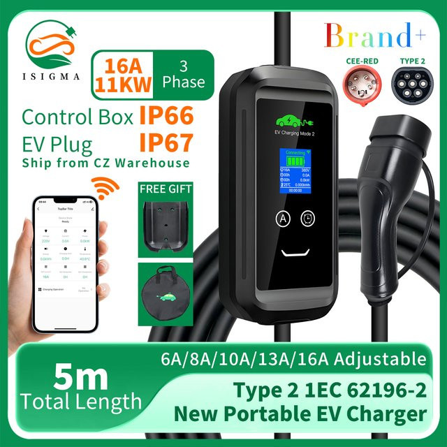 ISIGMA Tragbares EV Ladegerät Typ2 mit Tuya App WIFI Steuerung, 11KW 16A, CEE Rot - Bild 1